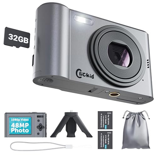 All-in-One Digital Camera with 48MP 1080p Photography and Full HD Video for Vlogging | 16x Zoom, 2.4 IPS Screen | 32GB Micro SD Card, Tripod and Extra Battery Included | ClicKid CAM20