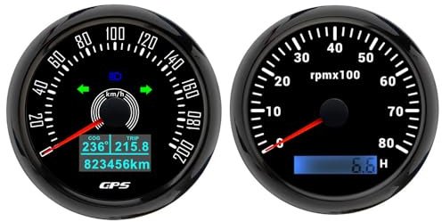 ELING 85 mm GPS-Tachometer 0–200 km/h Kilometerzähler mit COG Fahrt mit 0–8000 U/min Drehzahlmesser Tacho Messgerät Set 12 V 24 V mit 7 Farben Hintergrundbeleuchtung für Auto SUV Roller