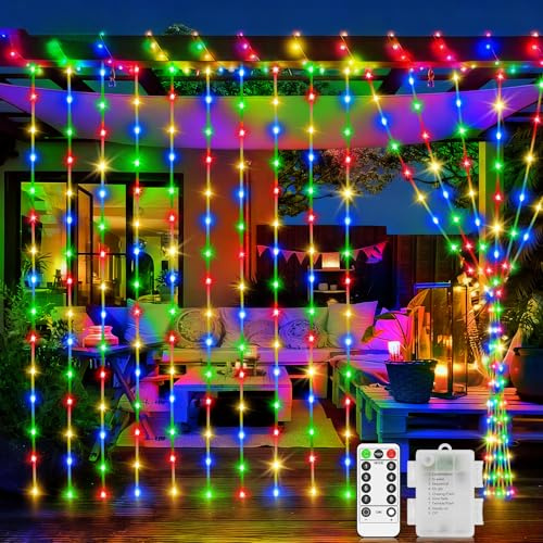 Curtain Fairy Lights Battery Operated, 2m x 2m 200 LED Curtain Christmas Lights Outdoor Window Lights with Remote 8 Modes Timer for Indoor Room Garden Patio Party Wedding Decorations-Multicoloured