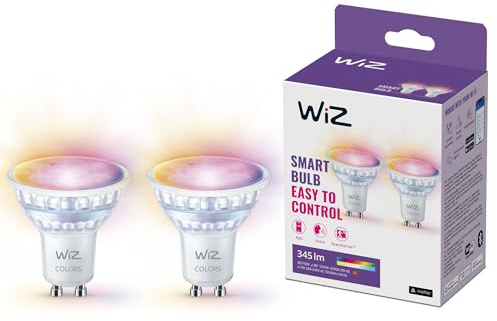 WiZ - Bombilla LED inteligente GU10 de cristal - 50W, con 16 millones de colores, Wi-Fi/Bluetooth, control por voz/aplicación, funciona con Google Home, Alexa y HomeKit, pack de 2 bombillas