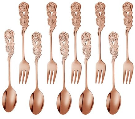 (10 Pieces) Exquisite Rose Handle Stainless Steel Fruit Spoon Fork Dessert Cake Mixing Spoon Fork Bird's Nest Spoon Coffee Spoon (Rose Gold)