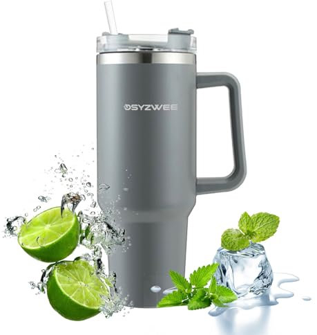 DSYZWEE 1200 ml Thermobecher - 40 oz Mit Strohhalm und Henkel, Doppelwandiger Edelstahl Vakuum Auslaufsicher Trinkbecher, Autobecher Becher Tumbler Kaffeebecher Grau