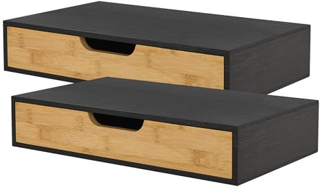 [en.casa] Wandregal 2er Set Bokn mit Schublade Bambus Schweberegal Hängeregal Wandablage Wandboard Nachttisch-Ablage Schwarz 40 x 24 x 8 cm Wandschublade