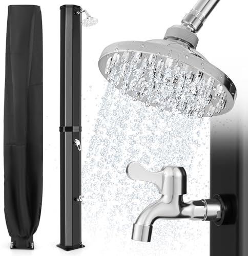 COSTWAY Solardusche 60 Liter | Gartendusche mit Schutzhülle | 227 cm | bis 60°C | Pooldusche mit schwenkbarem Duschkopf & Fußdusche | Außendusche für Garten, Pool (Schwarz)