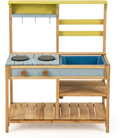 DREAMADE Cuisine d'Extérieur pour Enfants, Cuisine de Jeu en Bois de Sapin avec Evier et Cuisinières, avec Crochets de Suspension et Etagères de Rangement, pour Les Enfants de +3 Ans (Naturel)