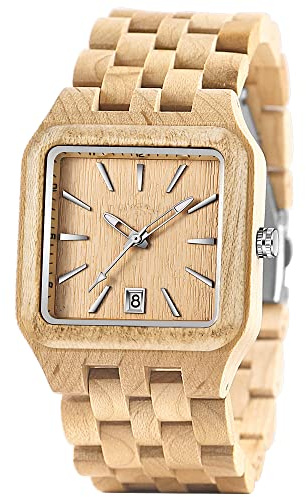 Tiong Reloj de madera para hombre, rectangular, cuarzo, clásico, de madera, analógico, cuarzo, para hombre, calendario, relojes de madera para hombre, Wq1008-marrón claro, Retro