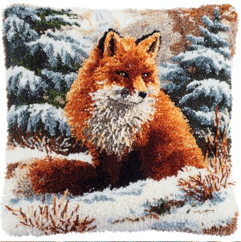 Taxpy Animal Latch Hook Cushion Kit, Fox in The Snow Knitting Kits Cushion, 43X43Cm/17X17 Inch Rug Making Kit for Starters, Latch Hook Kits for Beginners Adults Or
