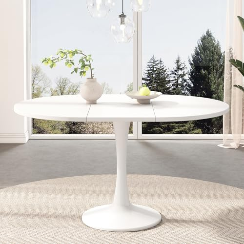 Merax Extendable Round Dining Table 100–140x100 cm, Space-Saving White Dining Table for 4–6 Seater,Contemporary Compact Dining Room Table, Durable & Stylish Design