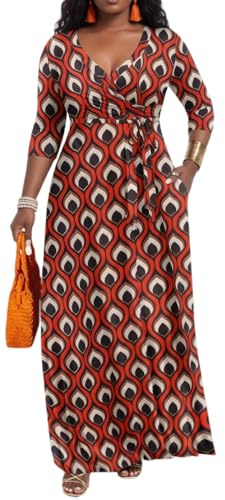 PerZeal Women's Maxi Dress,3/4 Sleeves V Neck Cocktail Party Dress Curvy Wrap Sexy Printed Pattern Dresses with Belt Medium