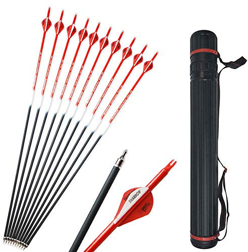 SHARROW 12pcs Carbonpfeile 30 Zoll Jagdpfeile Pfeile für Bogen Bogenpfeile Spine 500 mit Pfeil Köcher für Recurvebogen und Compoundbögen (Rot)