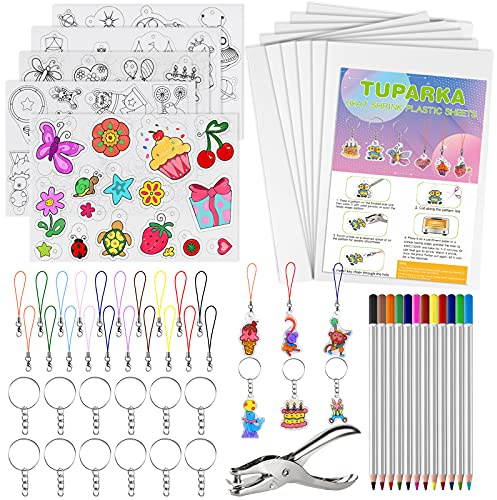 TUPARKA 60 Pieces Heat Shrink Plastic Sheet Kit, Including 10 Pieces Blank Shrink Film Paper and 5 Pieces Shrink Art Paper with Pattern, Punch, Keyring, Pencils