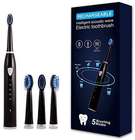 Rechargeable Electric Sonic Toothbrush for Adults Teens with 5 Modes 2 Mins Timer and 4 Duponts Toothbrush Heads, 4 Hours Charge Last 30 Days