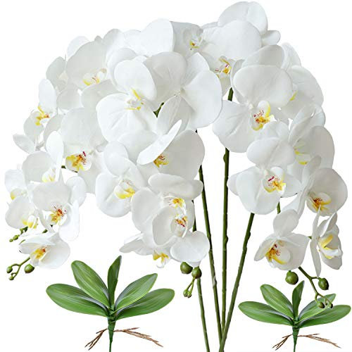 FagusHome 32 Inches Artificial Phalaenopsis Flowers 4 Pcs with 2 bundles Leaves Artificial Orchid Flowers Stem Plants for Home Décor (White)