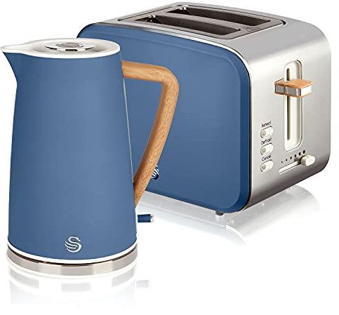 Swan Nordic Frühstücks-Set, kabellos, 1,7 l, 2200 W, Toaster mit breitem Schlitz, 2 Scheiben, 3 Funktionen, modernes Design, Holzoptik, Blau matt