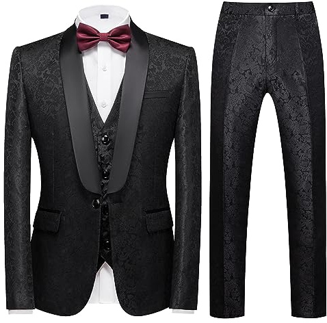 KUDORO Abito da Uomo 3 Pezzi Paisley Slim Fit Abiti da Sposa Abito Elegante Cerimonia Abito da Smoking Blazer Gilet Pantaloni(Nero,S)
