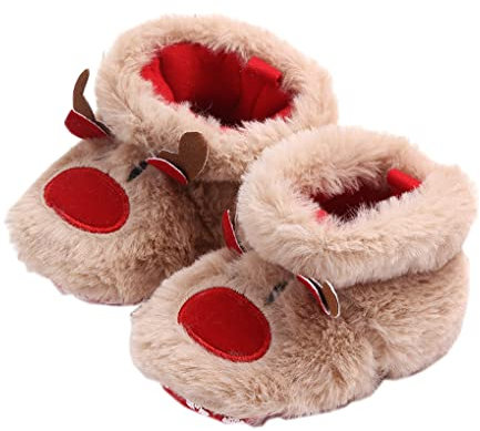 Scarpe di Natale per neonati antiscivolo in pile caldo imbottito per bambini invernali scarpe da passeggio calzini da pavimento scarpe da neonato stivali, Natale/albero di Natale, Renna 11 cm, 17 EU