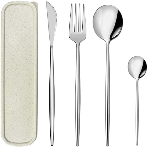 Set di Posate da 4 pezzi Posate da Campeggio Portatili e Posate da Viaggio in Acciaio Inox, Portaposate Ecologico in Paglia di Grano, Ideale per Esterni, Viaggi, Ufficio, Pranzo a Scuola