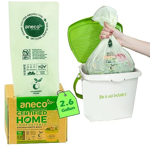 ANECO Lot de 100 sacs poubelle 100 % compostables, sac déchets vert de 7 litres, très épais, petits sacs compostables pour poubelle de comptoir