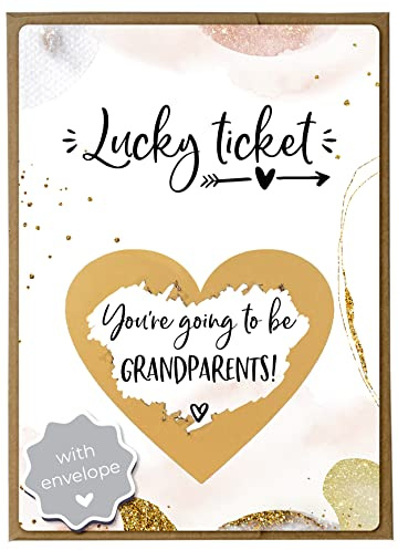 Joli Coon Pregnancy Announcement Scratch Card, Grandparents reveal | 350gsm designer paper, tactile UV finish, natural envelope with gold heart, scratch panel