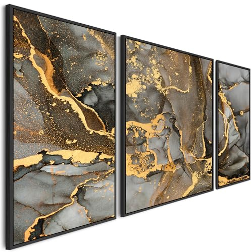 Wallfillers Extra Large Framed Wall Art Pictures for Living Room - Grey Black Gold Abstract Marble - Set of 3 - XXL 212cm Wide