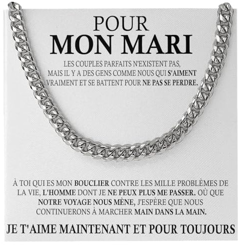 Bramart Collier Cubana pour mon Mari, je t'aime tellement - Idées cadeaux pour lui, anniversaire ou Noël - Coffret avec dédicace inclus (Argent - Pour mon Mari, Acier inoxydable)