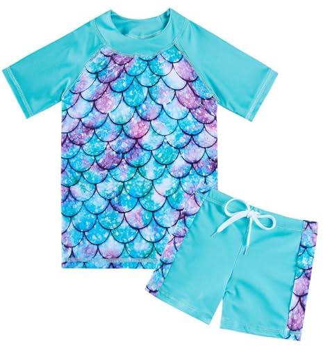 Fanient Girls Swimming Costume Kids Two Pieces Swimsuit Mermaid Swimwear Short Sleeve Bathing Suit Surfing Swimming Age 6-7 Years