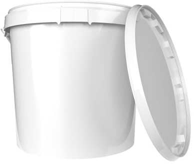 Cubo con tapa, 20 l, redondo, blanco, cubo de plástico apto para alimentos, hermético y estable, cubo vacío con mango ergonómico y tapa, apto para productos químicos y adhesivos en polvo de lavado de