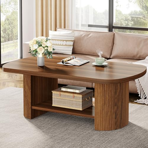 Tribesigns Oval Coffee Table, Mid-Century 2-Tier Coffee Table with Storage Shelf, Modern 115cm Accent Center Table with Wooden Dual Base for Living Room Bedroom Apartment, Rustic Brown