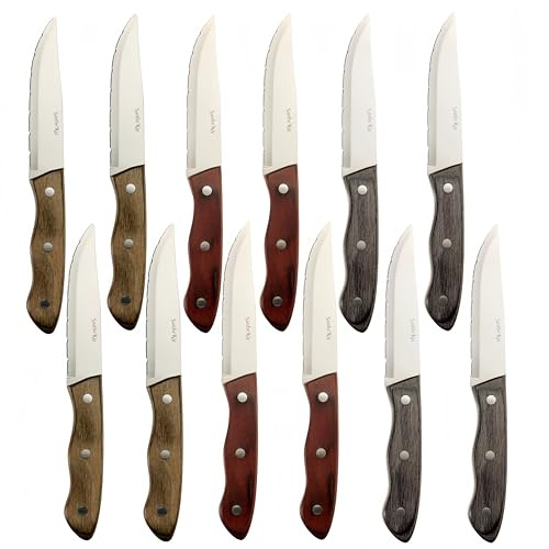 SanheKit Couteaux à Steak, Set de 6,Set de 12, Lame en Acier Inoxydable 13,5 cm, Manche en Bois, Design Full Tang, Dentelé (Mix 3 couleurs (12 pièces))
