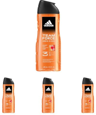 Adidas, Team Force Gel Doccia Bagnoschiuma 3 in 1 per Corpo, Capelli e Viso, Formula Vegana, 400ml (Confezione da 4)