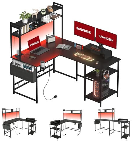 SANODESK 140 * 120CM L-Shaped Gaming Desk with LED Lights, 2 Power Outlets & 2 USB Ports, Reversible Computer Desk With Multi-Color Lights, Office Desk with Monitor Shelf for Home Office, BLACK
