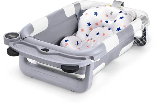 Foldable Baby Bath Tub with Seat Support Collapsible Portable Infant Bathtub for Newborns 0-18 Months Anti-Slip Cushion Travel Friendly with Thermometer Grey Toddler Bathing Essentials