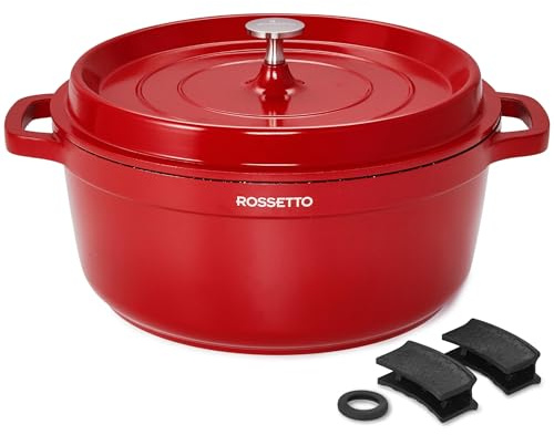 ROSSETTO 6,6L Cocotte ronde en fonte d’aluminium, revêtement antiadhérent en céramique. Couvercle avec picots saveurs. Compatible tous feux dont induction et au four jusqu’à 220℃, 28cm, Rouge