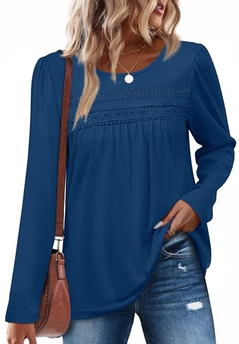 Aokosor Blouses for Women uk Long Sleeve Sweatshirts for Women uk Crew Neck Tunic Tops Lace Pleated T Shirts Plus Size 18-20 Blue