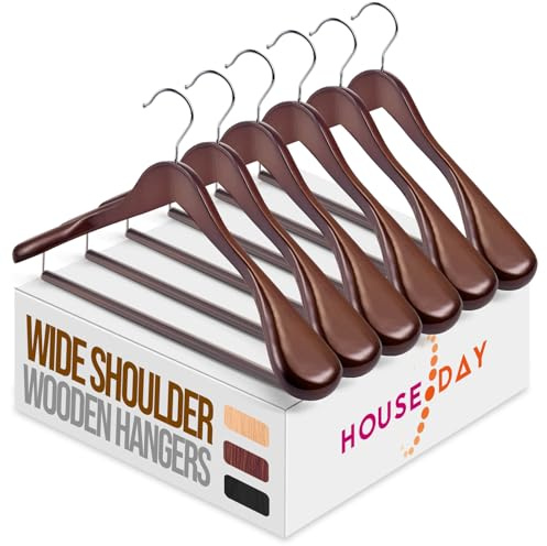 HOUSEDAY Perchas de madera, 6 unidades, perchas de madera, soporte ancho para los hombros, gancho giratorio 360°, antideslizante, con barra redonda para trajes, camisas, abrigos, chaquetas, pantalones