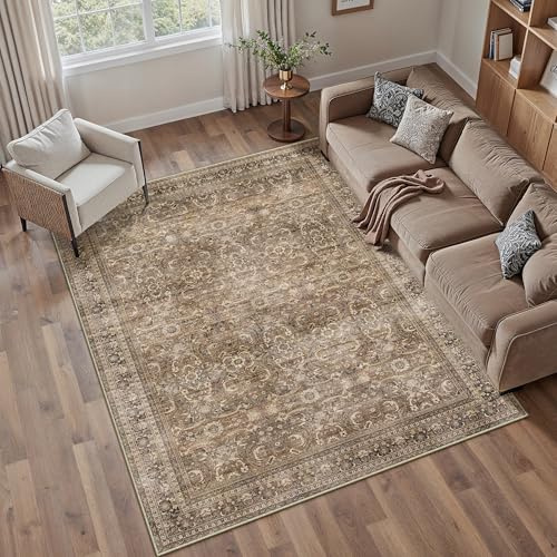 PureCozy Braun Teppich Wohnzimmer 160x230cm Waschbarer Vintage Tepich for Living Room kurzflor rutschfest Weich Boho Retro Carpet für Küchen Schlafzimmer Esszimmer Bedroom