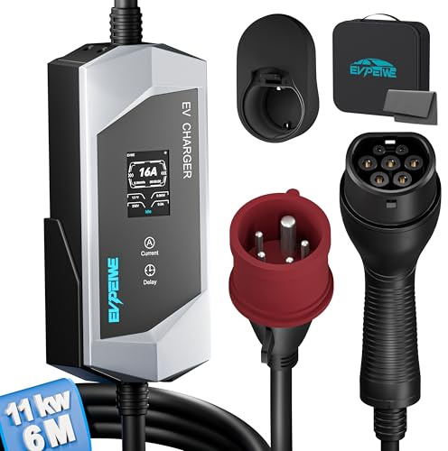EVPEIWE Elektrisk billaddare 11 KW [8M | 3 fas | 6–16 A | 380 V] typ 2 EE-uttag, mobil laddningsstation för typ 2 EVs, justerbar laddningstid[0–12H], IP65