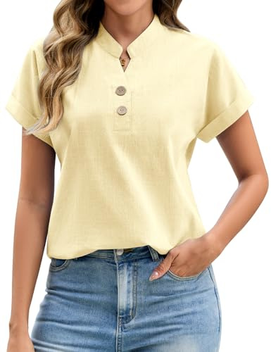 Niwicee Blusas Mujer Verano Elegantes Camisas Manga Corta Cuello en V Blusas de Algodón de Color Sólido Blusa Enrollada Puños Camisa Básica Casual Holgada con Botones (Amarillo Claro, S)