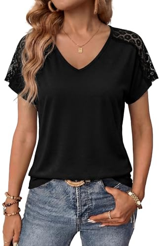 Aottori Womens Summer T Shirt V Neck Lace Shoulder Pullover Tunic Loose Fit