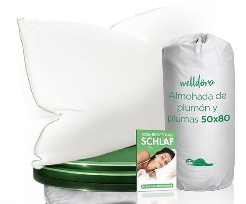 Welldora Almohada Plumas y Plumón Lujo 50x80 | Almohada Cervicales y Cuello Firmeza Media 3 Cámaras | 100% Plumón y Plumas Naturales | Médicamente Probada, Oeko-Tex, Hipoalergénica, Certificado RDS