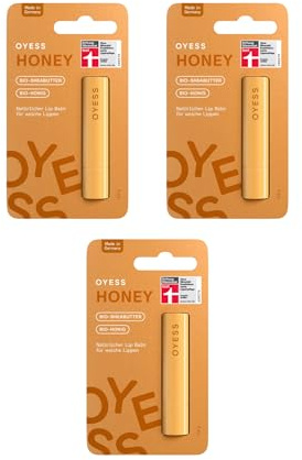 OYESS Juego de 3 bálsamos labiales Honey – (3 × 4,8 g), cuidado de labios orgánico con miel, jojoba y karité, hidratación natural para labios secos y quebradizos