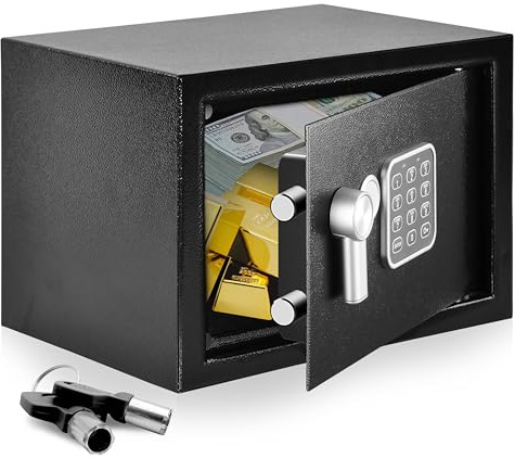 Pyle Home Safe Box Locker, Small Money Safe, Mini Fireproof Safes, Wall & Floor Steel Vault, Electronic Digital Keypad, 2 Keys, 25 × 35 × 25 cm, Secure for Cash, Guns, Jewelry & More
