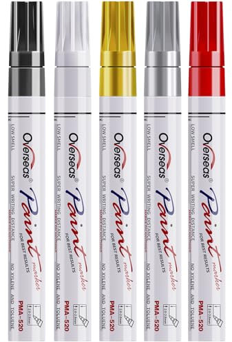 Overseas Paint Marker Pens - 5 Pack Permanent Oil Based Paint Markers, Metallic, Medium Tip, Quick Drying, Waterproof, Assorted Colors Marker for Metal, Rock, Wood, Plastic, Canvas, Glass, Rubber