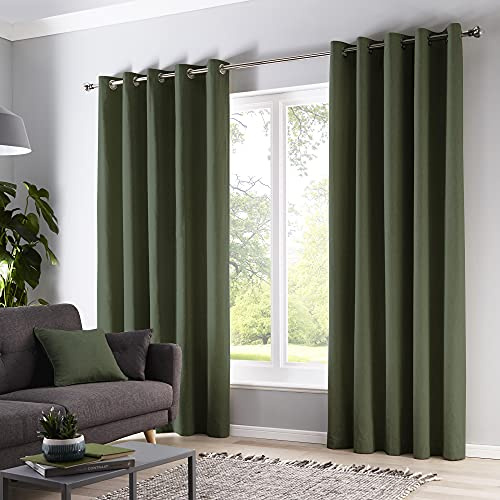 Fusion Sorbonne Olive Green Eyelet Curtains W66 x L54 (168 x 137cm) – 2 Panels – 100% Cotton – Thermal Drapes & Window Treatment – Plain Green Curtains for Bedroom or Living Room