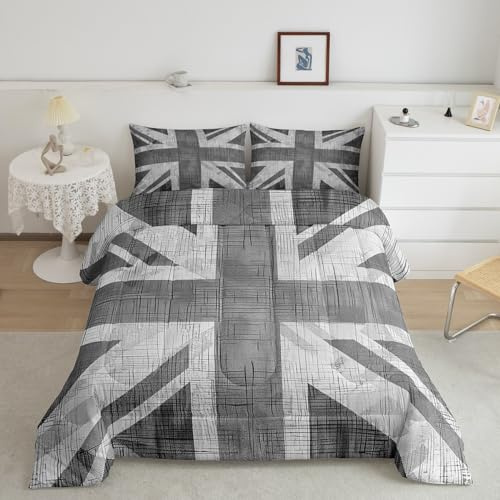 Bettwäsche-Set, Motiv: britische Flagge, mit Union Jack, für Kinder, geometrische Daunen, ultraweich, Doppelbett, Grau