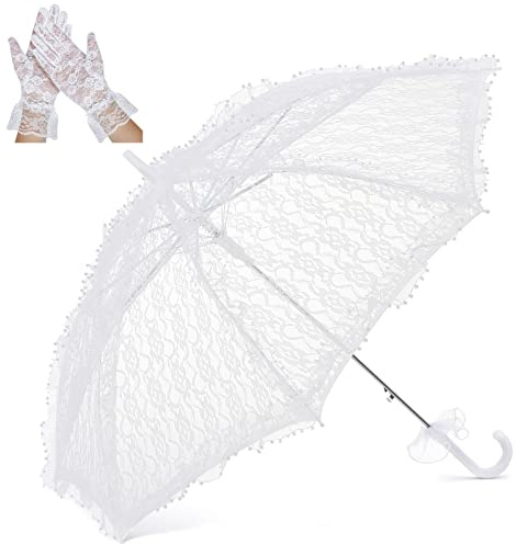 Amylove Lace Parasol Umbrella and Lace Gloves Set Wedding Bridal Umbrella for Decoration Tea Party Costume 31.5 Inch Adult Size(White)