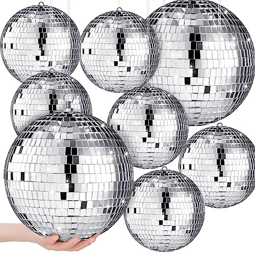 Haull 8 Pcs Large Disco Ball Set Silver Mirror Disco Reflective Ball with Hanging Ring Party Ornament Decoration for Stage Club Ballroom Dance Hall Wedding Prom Props(8'', 6'')