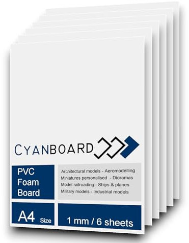Cyanboard, 6 plaques en PVC expansé 1 mm A4 (297 x 210 mm) blanc mat, PVC expansé.