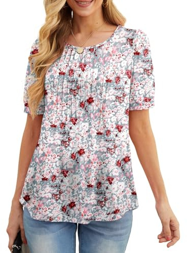 GRECERELLE Dam sommartoppar vardaglig mjuk kortärmad tunika framsida veckad vår rund hals t-shirts lös blus för damer