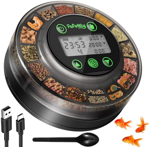 Papettly Automatic Fish Feeder for Aquarium - Rechargable Auto Food Dispenser for Tank with USB Cable & LCD Display, Timer Turtle Feeder for Weekend Holiday with Feeder Spoon
